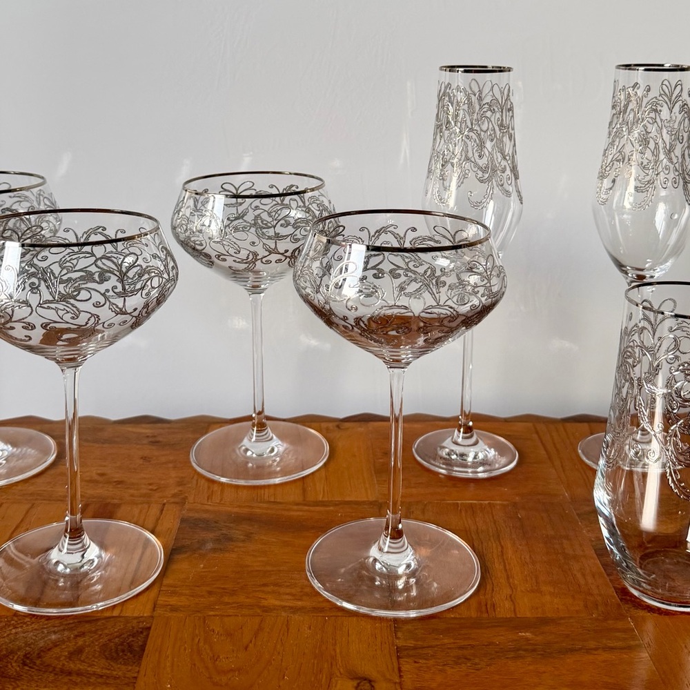 Anthropologie Silver Scroll Stemmed Champagne Glasses made in Slovakia - Picture 6 of 7